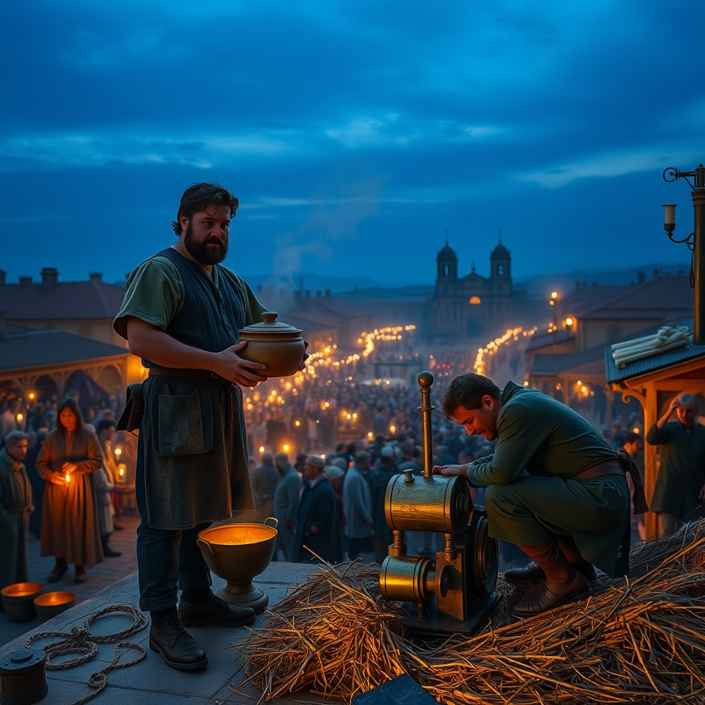 Two stranded travellers and their brass machine at dusk in a torchlit old-world square